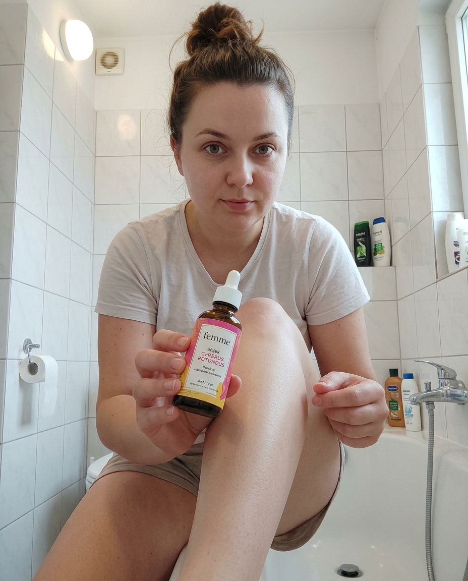 Klientka femme pokazuje olejek po goleniu nog