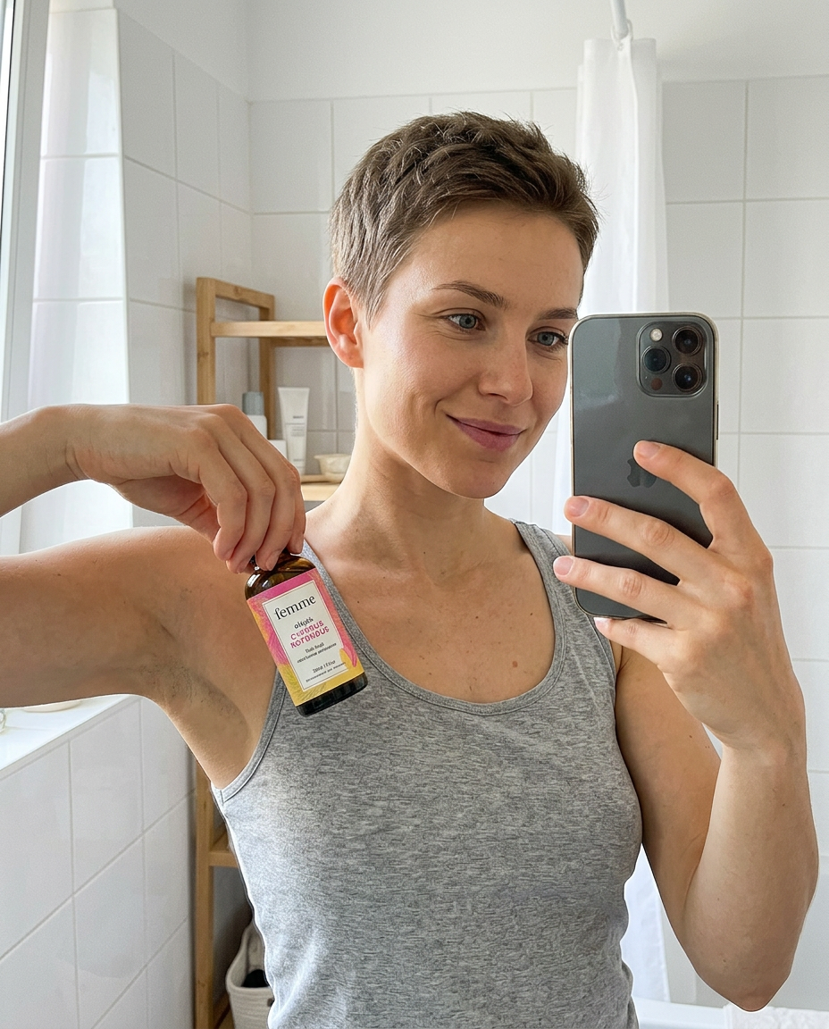 Klientka femme z olejkiem pod pache